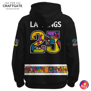 Back of the LA Kings Salvadoran Heritage hoodie, showing the large number 23 decorated with colorful Salvadoran folk art.