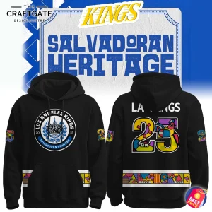 A promotional image showing the front and back of the black Los Angeles Kings Salvadoran Heritage 2025 Hoodie.