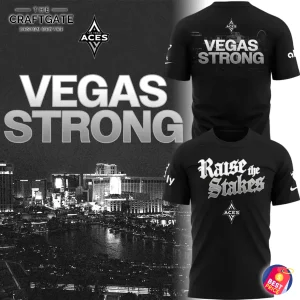 Promotional collage showing the front and back of the Las Vegas Acers t-shirt against a black and white Las Vegas city backdrop.
