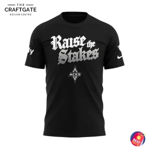 Front of the black Las Vegas Acers t-shirt with "Raise the Stakes" in a white and grey gothic font and the Aces logo below.
