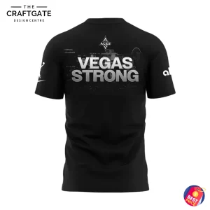 Back of the black Las Vegas Acers t-shirt featuring the text "VEGAS STRONG" over a skyline graphic with the Aces logo above.