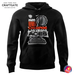 Front of the black Las Vegas Aces 2025 WNBA Champions hoodie, showing the championship trophy and basketball graphic.