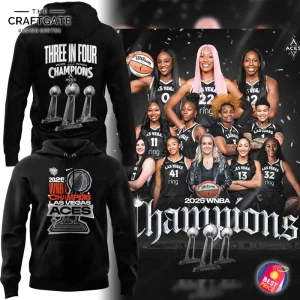 Promotional image showing the Las Vegas Aces 2025 WNBA Champs hoodie front and back views next to a team photo.