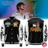 A black and white baseball jacket showing the front with Raiders and Mars logos, and the back with Bruno Mars and Hello Kitty graphics.