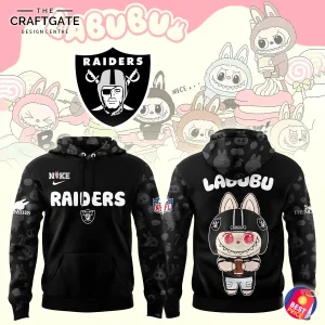 A black Las Vegas Raiders x Labubu hoodie showing the front with RAIDERS text and the back with a Labubu character in a helmet.