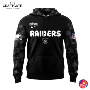 Front of the black Las Vegas Raiders x Labubu hoodie featuring the RAIDERS text and subtle Labubu character patterns on the sleeves.