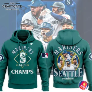 Front view of a green Seattle Mariners hoodie featuring CHAMPS and ALCS 2025 graphics.