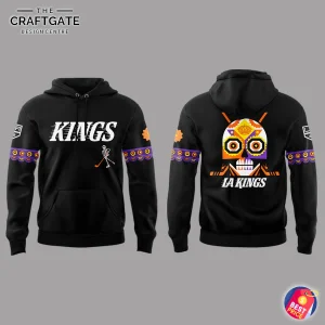 Front and back mockup of the black LA Kings hoodie featuring a hockey skeleton on the chest and a large sugar skull on the back.