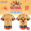 Front and back view of the Milwaukee Brewers Native American Heritage jersey with promotional text and graphics.
