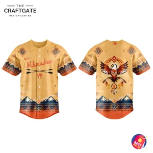 A product mockup showing the front and back of the Milwaukee Brewers Native American Heritage 2025 baseball jersey.