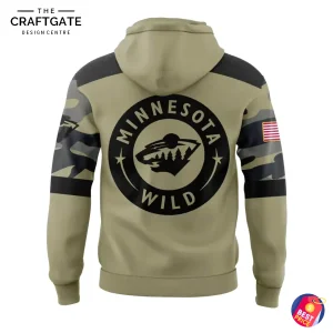 Back view of the khaki Minnesota Wild hoodie featuring a large circular team logo and camouflage patterned sleeves.