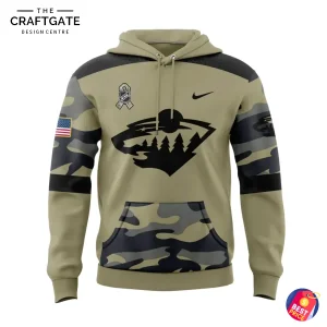 Front view of a khaki and camouflage Minnesota Wild hoodie with the team logo on the chest and an American flag on the sleeve.