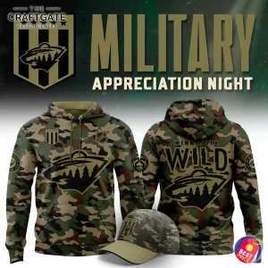 Minnesota Wild Salute To Service hoodie and cap in a promotional image for Military Appreciation Night.