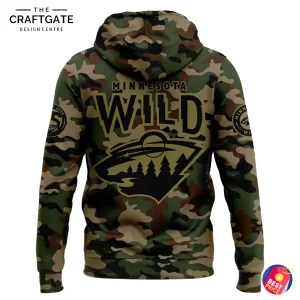 Back of the Minnesota Wild camouflage hoodie, displaying "MINNESOTA WILD" text and the team logo across the shoulders.