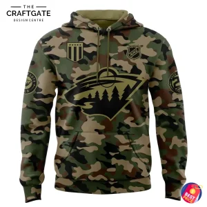 Front of the Minnesota Wild NHL Salute To Service hoodie, featuring a camo design with the team logo and military-style patches.