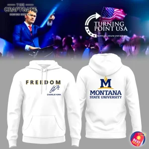 Front and back view of a white pullover hoodie. Front has FREEDOM and Charlie Kirk's signature. Back has MSU logo.