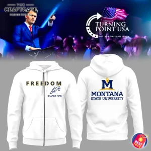Front and back view of a white zip-up hoodie. Front has FREEDOM and Charlie Kirk's signature. Back has MSU logo.