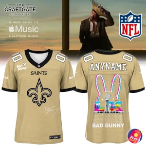 Front and back view of the New Orleans Saints x Bad Bunny Super Bowl jersey, featuring a customizable name and unique graphics.