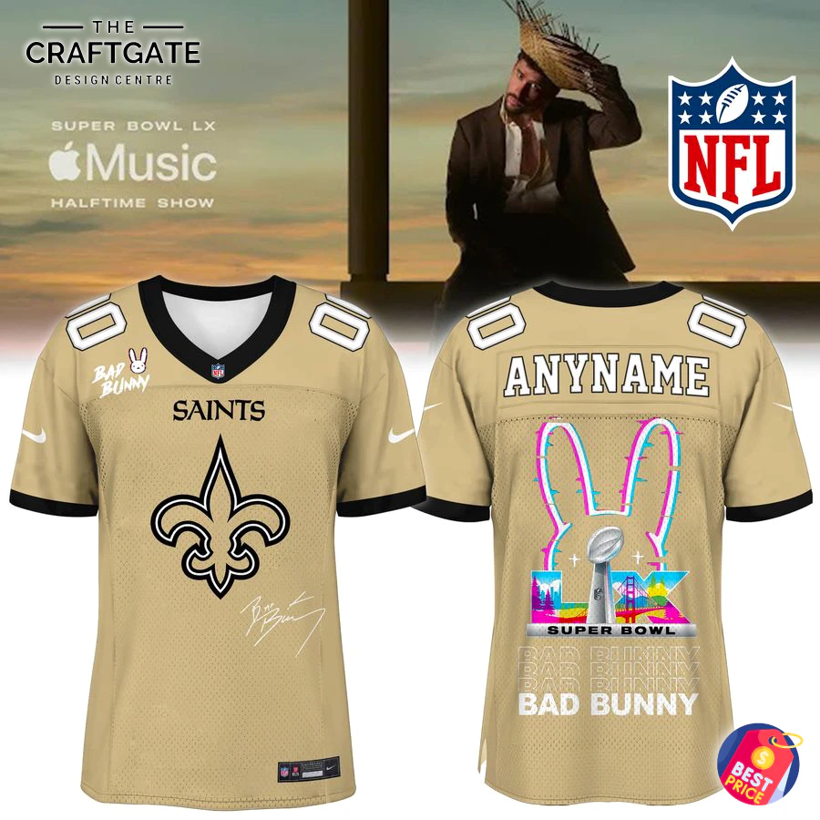 New Orleans Saints x Bad Bunny Super Bowl LX Football Jersey Front and back view of the New Orleans Saints x Bad Bunny Super Bowl jersey, featuring a customizable name and unique graphics.