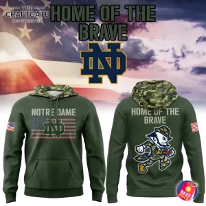 Collage featuring two olive-green camouflage Notre Dame military appreciation hoodies, showcasing the "Home of the Brave" design with the Notre Dame logo, American flag accents, and mascot imagery.