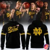 Notre Dame basketball players in The Bend jerseys above the matching limited edition 2025 black and gold hoodie front and back views.