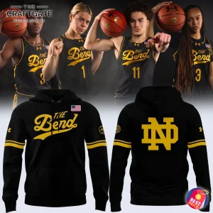 Notre Dame basketball players in The Bend jerseys above the matching limited edition 2025 black and gold hoodie front and back views.