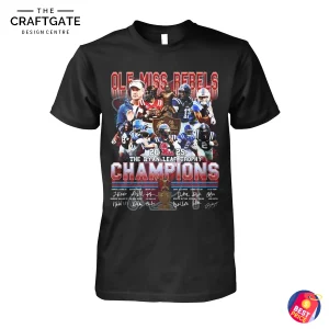 Front view of a black t-shirt celebrating the Ole Miss Rebels 2025 Byan Leaf Trophy win with a collage of players and signatures.