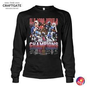 A black long-sleeve shirt featuring the Ole Miss Rebels 2025 The Byan Leaf Trophy Champions graphic with player photos and autographs.