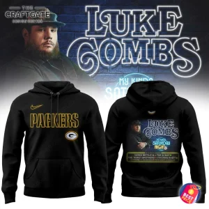 A black hoodie showing the front with 'Packers' text and the back with Luke Combs 'My Kinda Saturday Night Tour' graphics.