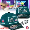 Promotional image showing multiple views of the Philadelphia Eagles "Only Here For Benito's Halftime" cap with Bad Bunny theme.
