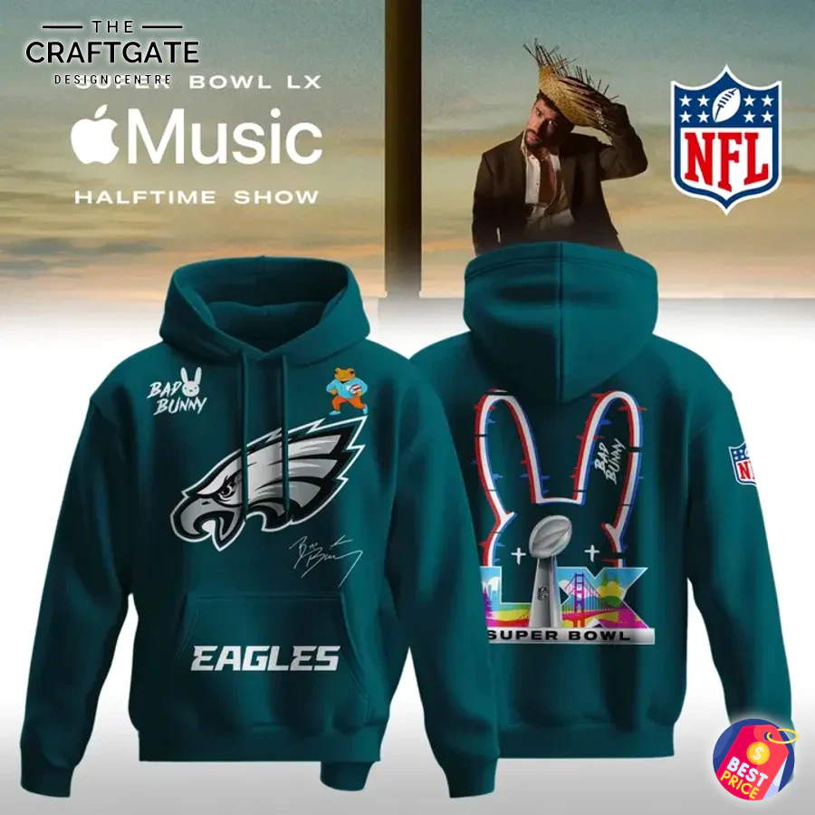 Philadelphia Eagles x Bad Bunny Super Bowl LX Hoodie Front and Back Front and back views of the dark green Philadelphia Eagles x Bad Bunny Super Bowl LX limited edition hoodie with custom graphics.