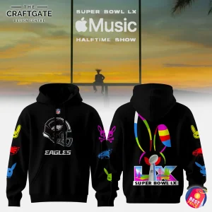 Front and back view of the Philadelphia Eagles Bad Bunny Super Bowl LX black hoodie with team and artist-inspired graphics.