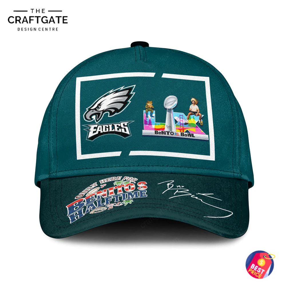 Philadelphia Eagles "Benito's Halftime" Cap - Front View Front view of the Philadelphia Eagles cap featuring the team logo and a "Benito's Halftime" graphic and signature on the brim.
