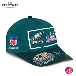 Left side view of the Eagles "Benito's Halftime" cap, showing the customizable Bad Bunny logo and name patch on the side.