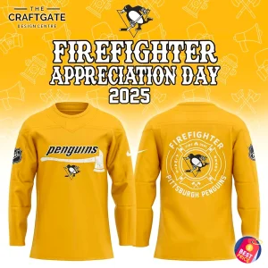 A promotional image showing the front and back of the Pittsburgh Penguins 2025 Firefighter Appreciation Day hockey jersey.