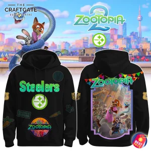 Front and back view of the black Pittsburgh Steelers x Zootopia 2 hoodie, showing team logos and Zootopia characters.