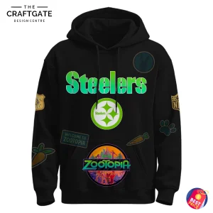 Front view of the black Pittsburgh Steelers x Zootopia 2 hoodie with the Steelers logo and fun Zootopia-themed patches.