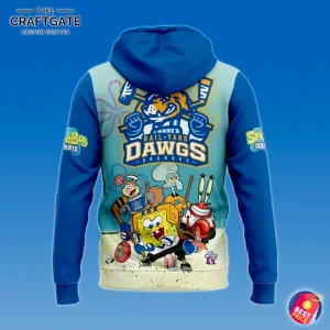The back of the Roanoke Rail Yard Dawgs hoodie, with the team logo and a graphic of SpongeBob and friends below.