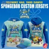 A promotional image showing the front and back of the Roanoke Rail Yard Dawgs SpongeBob hoodie, with a matching cap in front.
