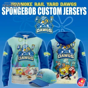 A promotional image showing the front and back of the Roanoke Rail Yard Dawgs SpongeBob hoodie, with a matching cap in front.
