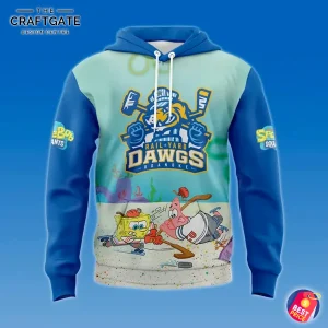 The front of the Roanoke Rail Yard Dawgs hoodie, featuring the team logo and SpongeBob playing hockey with Patrick.