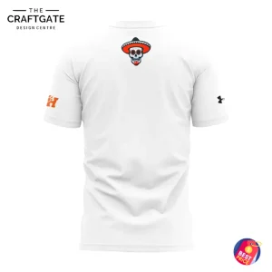 Back of the Sam Houston Bearkats t-shirt showing a small skull graphic with a sombrero on the upper back.