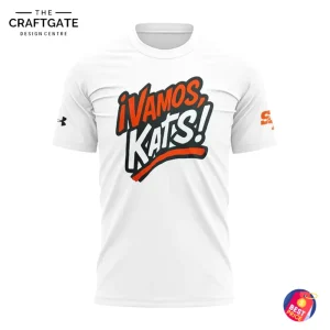 Front of the Sam Houston Bearkats t-shirt with ¡Vamos, Kats! text in bold orange, black, and white lettering.