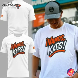 A man wearing the white Sam Houston Bearkats ¡Vamos Kats! t-shirt, with front and back product mockups shown to the side.