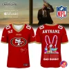 Front and back view of a red San Francisco 49ers jersey collaboration with Bad Bunny for the Super Bowl halftime show.