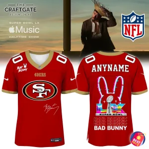 Front and back view of a red San Francisco 49ers jersey collaboration with Bad Bunny for the Super Bowl halftime show.