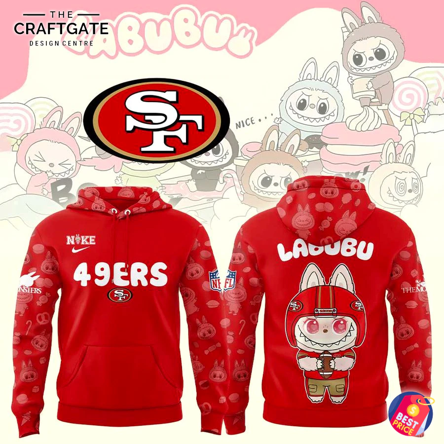 San Francisco 49ers x Labubu Hoodie - Front and Back Design A red hoodie showing front with 49ers logo and back with a large Labubu character graphic wearing a 49ers helmet.