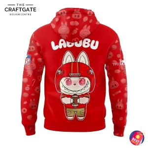 Back of the red 49ers hoodie with a large graphic of the Labubu character in a football helmet and holding a football.