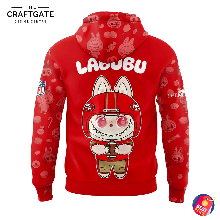Back View of the San Francisco 49ers x Labubu Hoodie Back of the red 49ers hoodie with a large graphic of the Labubu character in a football helmet and holding a football.