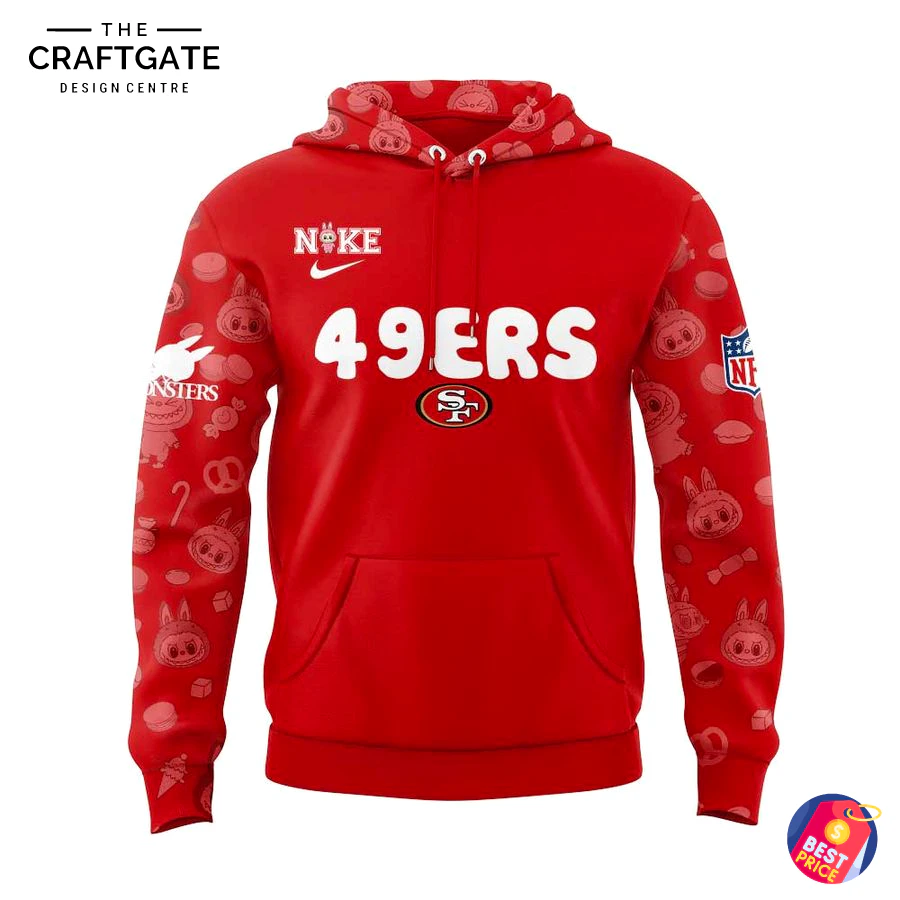 Front View of the San Francisco 49ers x Labubu Hoodie Front of the red 49ers pullover hoodie showing the team name and logo. The sleeves have an all-over Labubu character pattern.